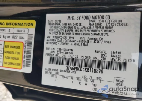 2019 Ford Fusion Sel z USA, uszkodzony, nr VIN 3FA6P0CD4KR118890